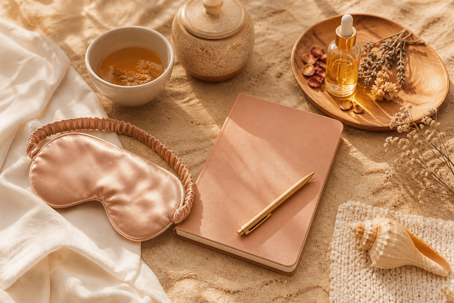 Rolig selfcare-stemning med diskret wellness-estetikk