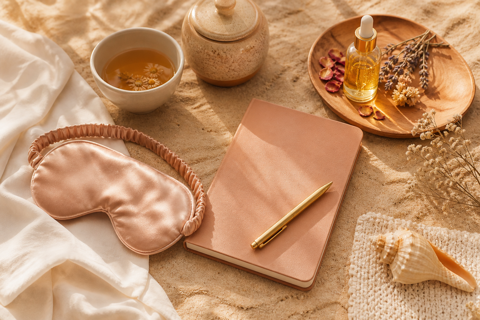 Rolig selfcare-stemning med diskret wellness-estetikk